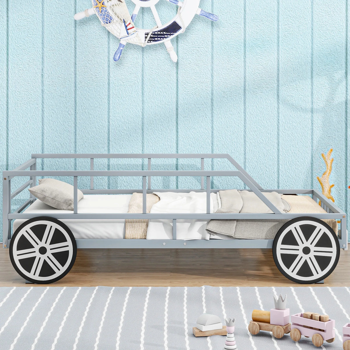 Metal Twin Size Car-Shaped Platform Bed with Tires G5334