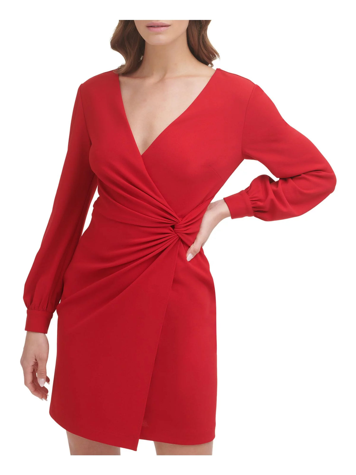 Red Long Sleeve Faux Wrap Dress S13692