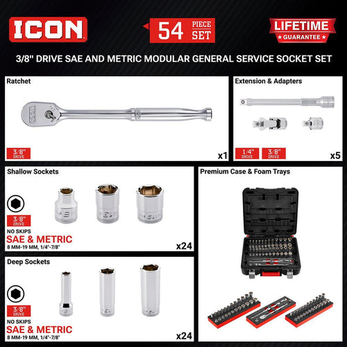 3/8 in. Drive SAE and Metric Socket Set, 54-Piece B99057
