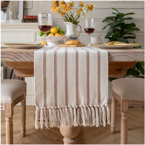 Cotton and Linen Woven Table Runner with Tassels I7755
