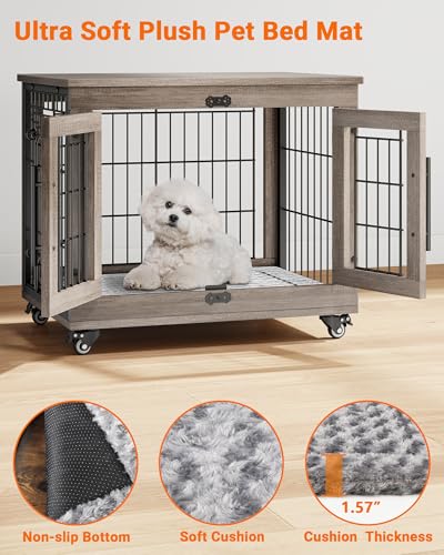 Wooden Dog Crate Furniture with Cushion and Wheels W81872