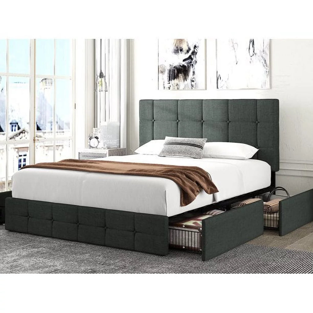 Queen Size Platform Bed Frame with Headboard and 4 Storage Drawers, Dark Grey D638