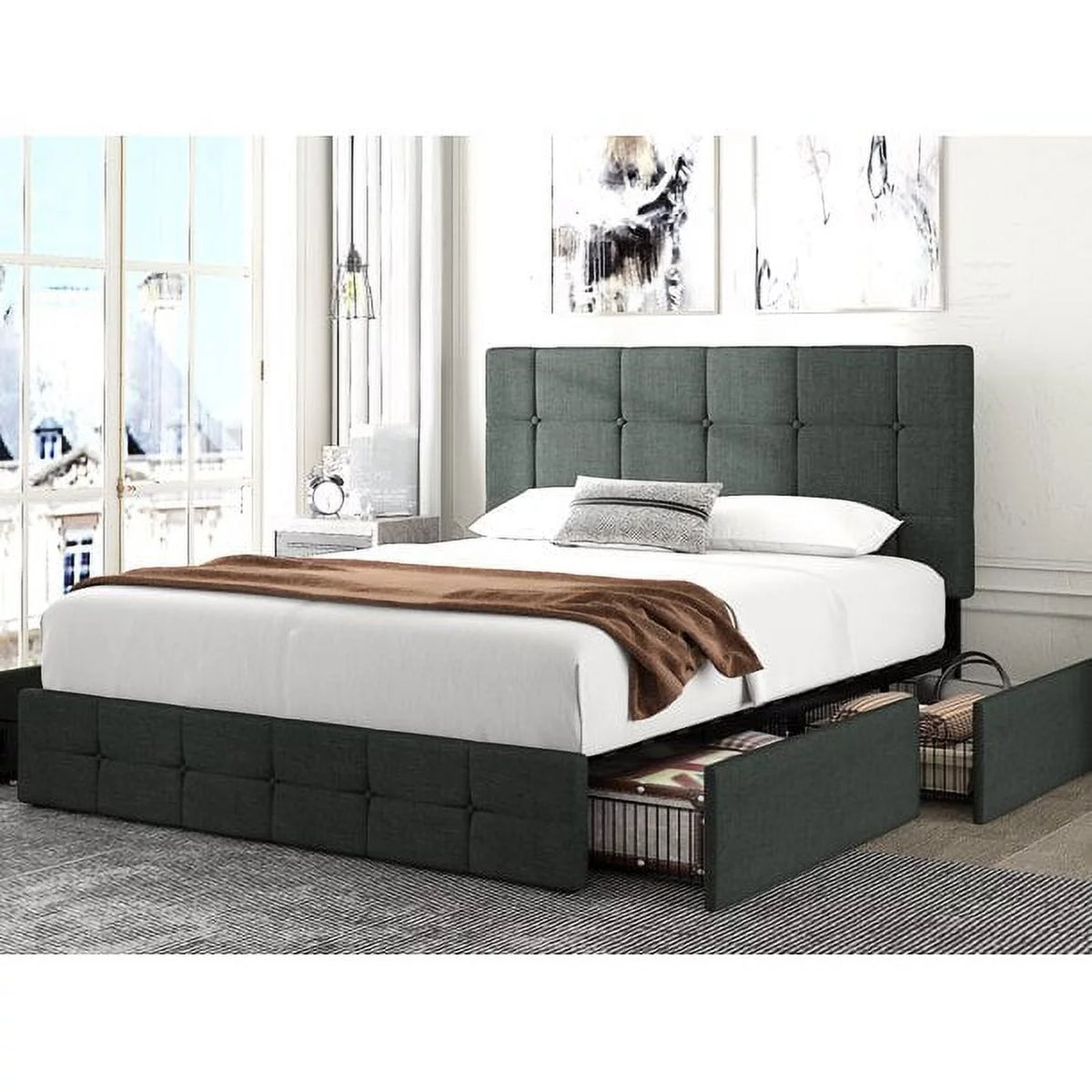 Queen Size Platform Bed Frame with Headboard and 4 Storage Drawers, Dark Grey D638