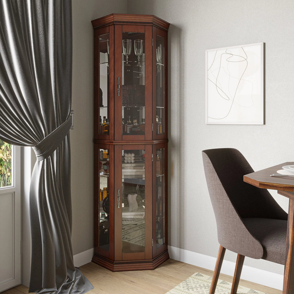 Walnut 5 Sided Lighted Corner Curio Cabinet B431912