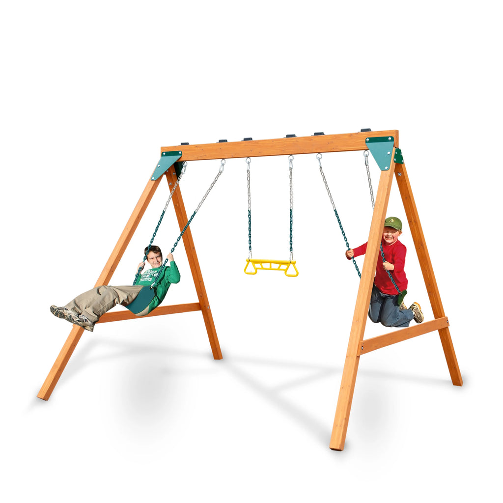 Wooden Swing Set with Two Swings and a Trapeze Y6600