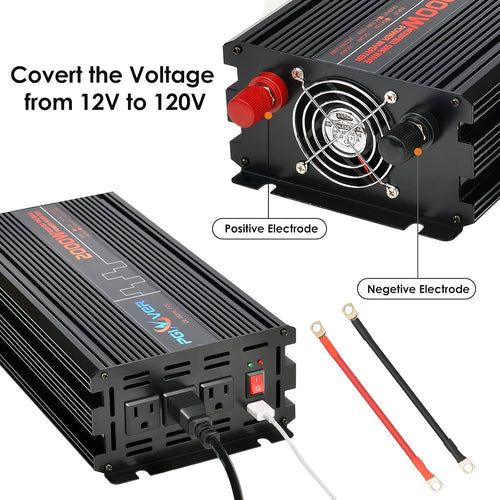 2000W Power Inverter DC 12V to AC 110V with Triple AC Outlets 1 USB Port L6462