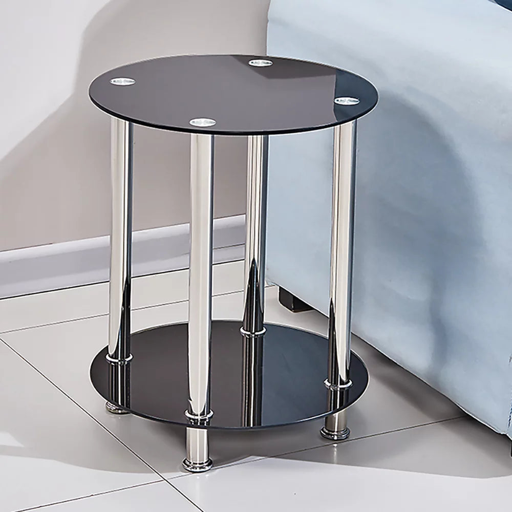 2-Tier Glass Top Chrome Finish Round End Table E8808