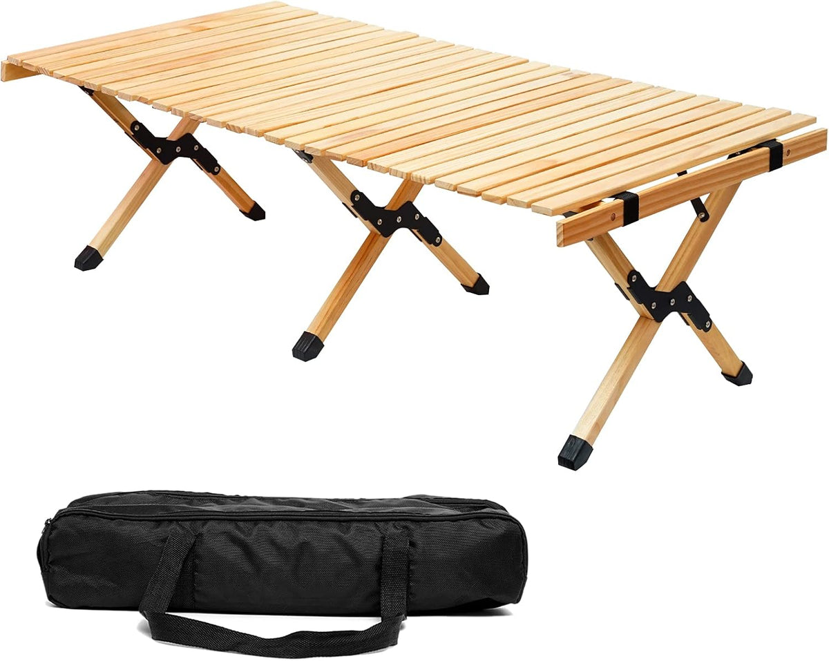 4ft Low Height Portable Folding Wooden Camping Table with Carry Bag J595117