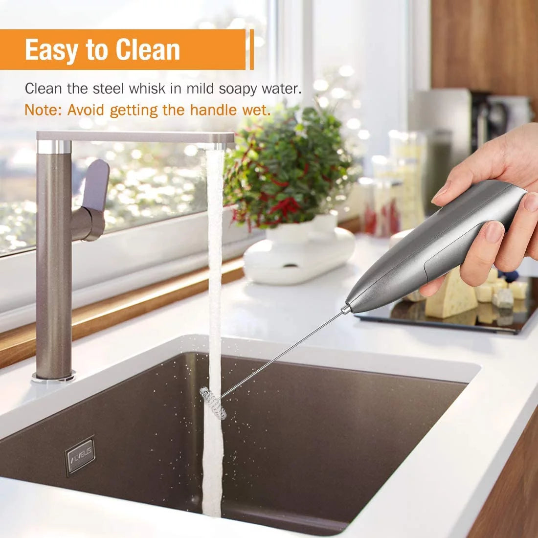 Handheld Battery Operated Milk Frother with Stainless Steel Whisk and Stand Y593225