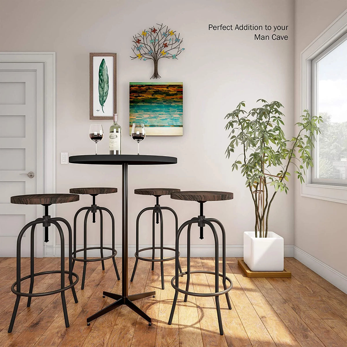Swivel Adjustable Backless Bar or Counter Height Metal Stool with Elm Wood Seat J2864