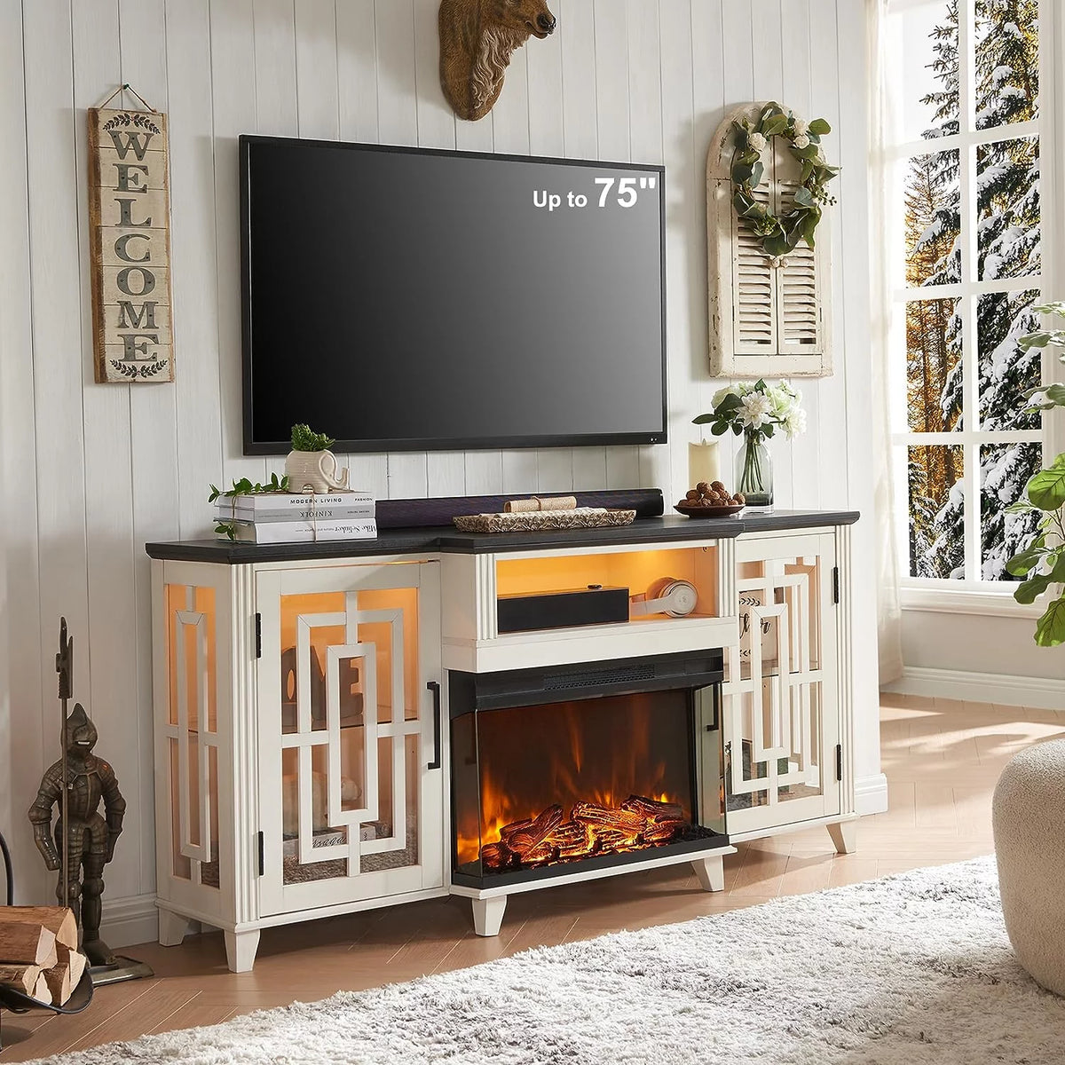 Antique White Fireplace TV Stand N90686