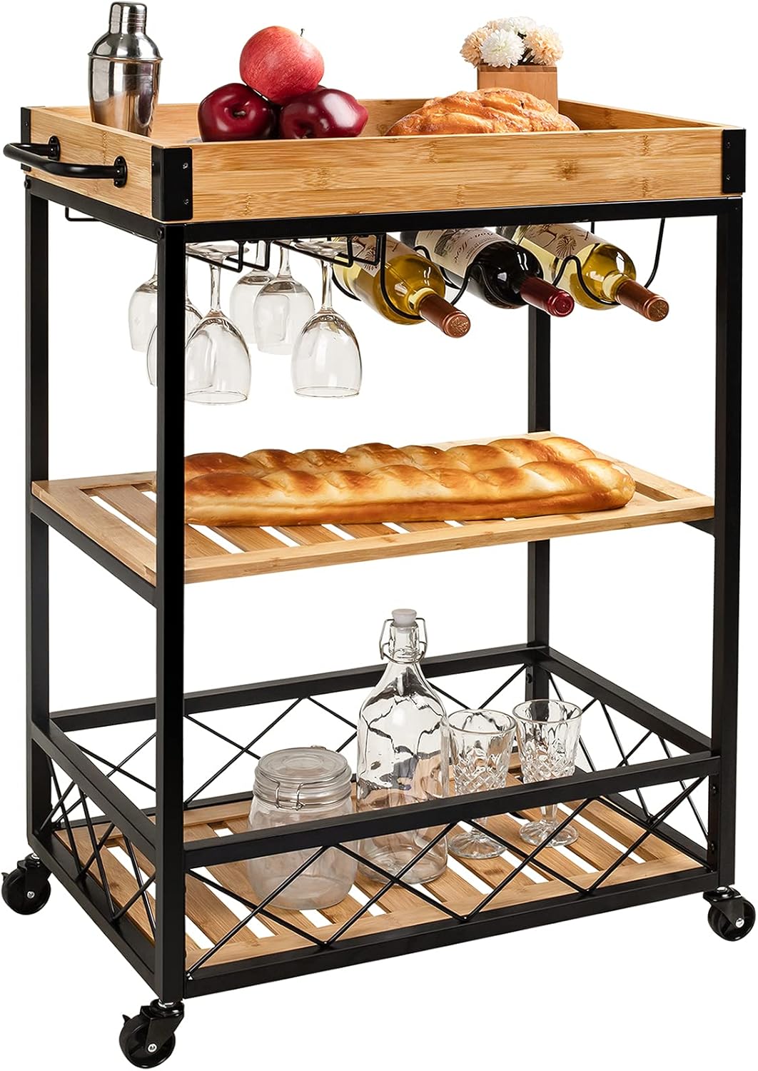 Bamboo Kitchen Cart with Mesh Shelves X581