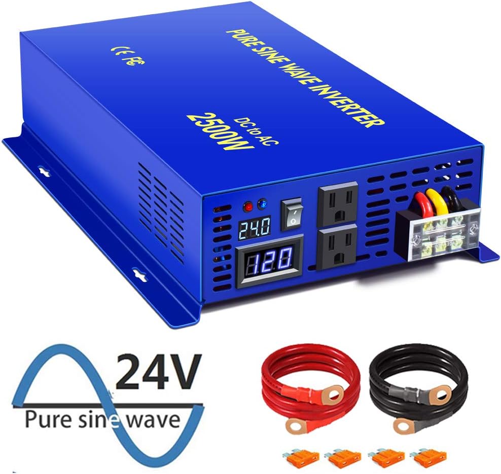 Pure Sine Wave Inverter 24V to 110v 120v 2500 Watt with Dual AC Receptacles I363