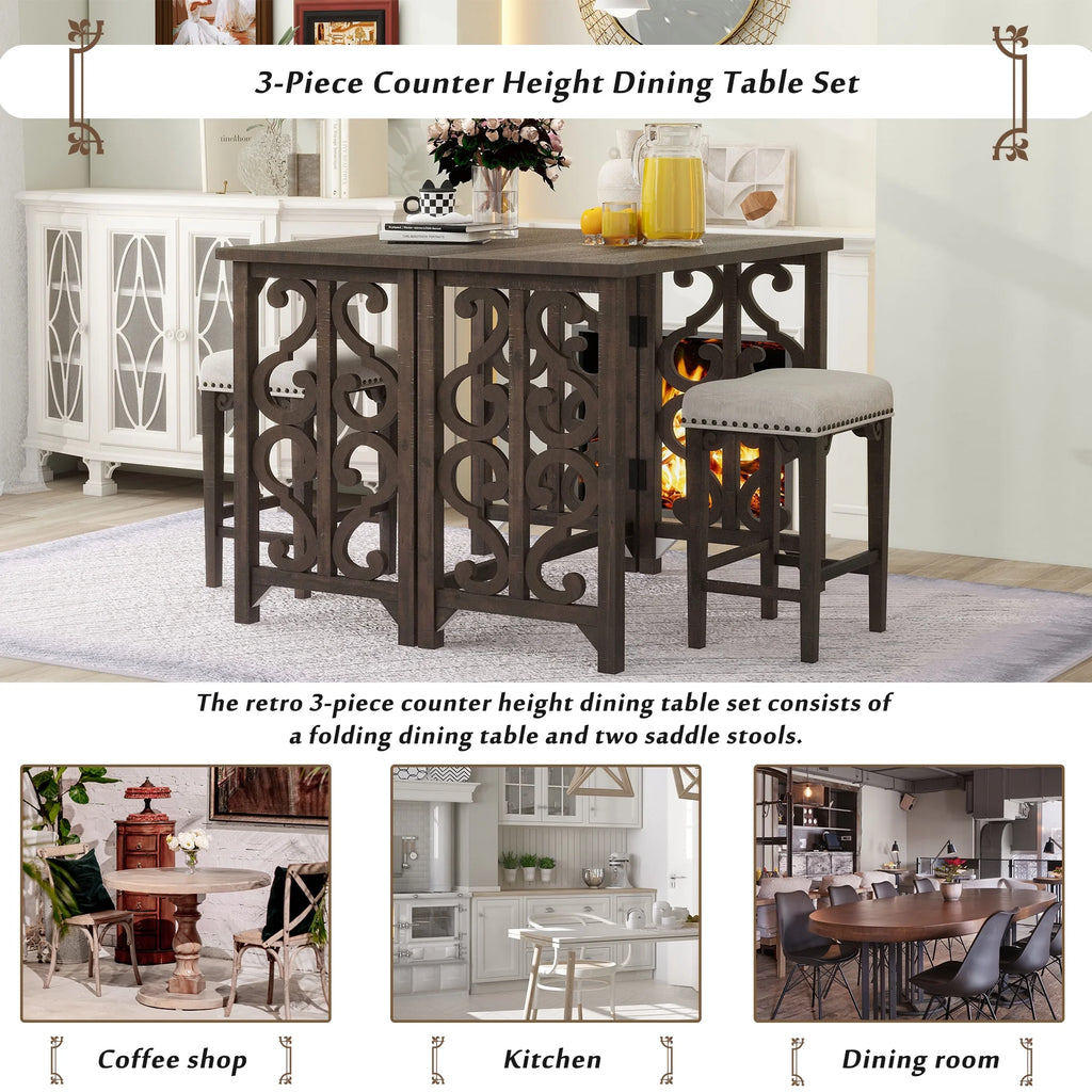 3-Piece Solid Wood Counter Height Dining Set with 2 Saddle Stools Q3491