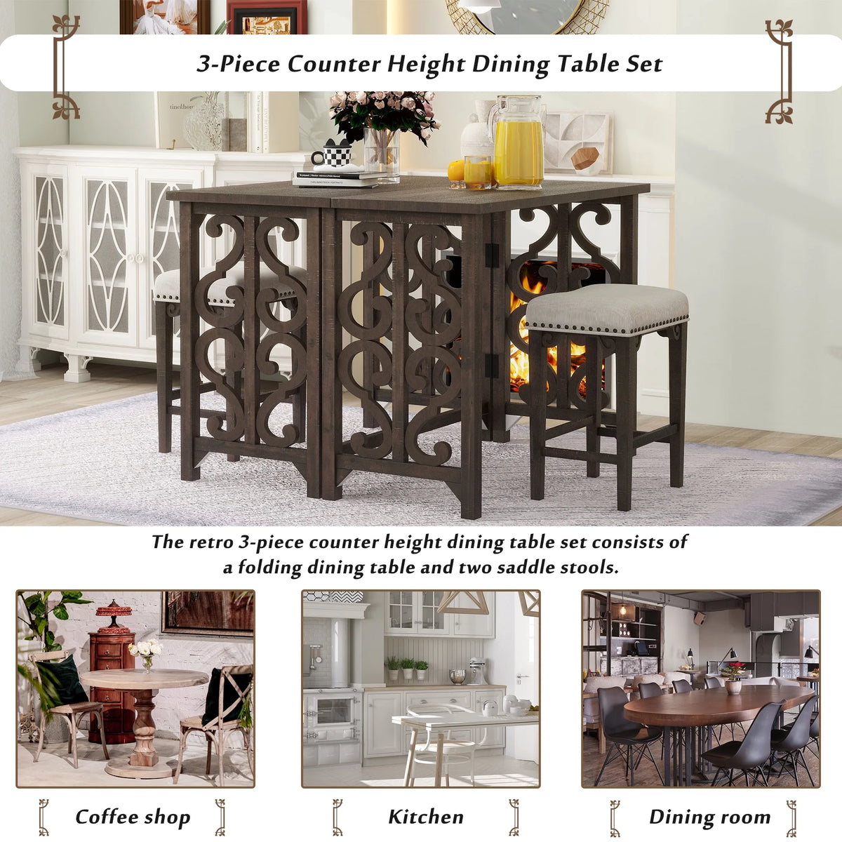 3-Piece Solid Wood Counter Height Dining Set with 2 Saddle Stools Q3491
