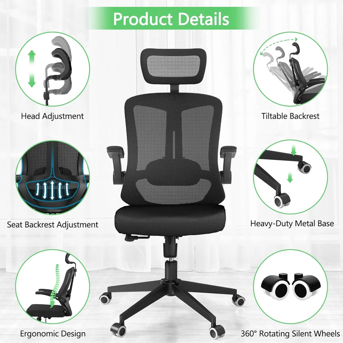 Khaki Ergonomic Mesh Computer Chair with Lumbar Support Y933084