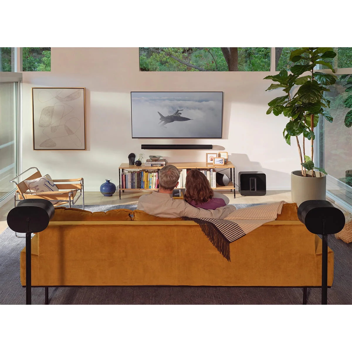 Black Wireless Soundbar, Subwoofer, and Pair of Smart Speakers B853