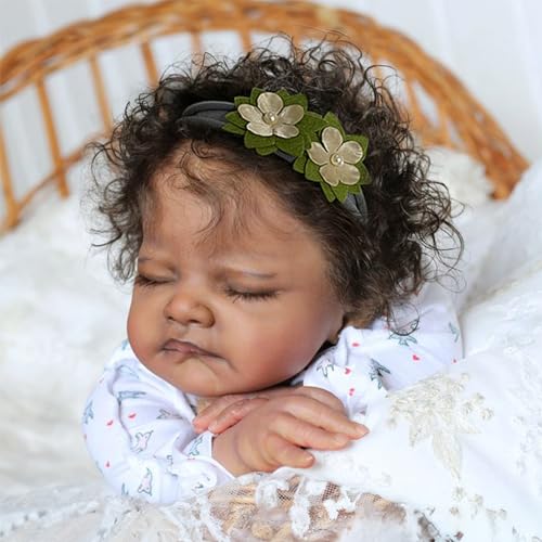 Black 20-Inch Sleeping Newborn Baby Dolls with Weighted Cloth Body and Curly Hair G296