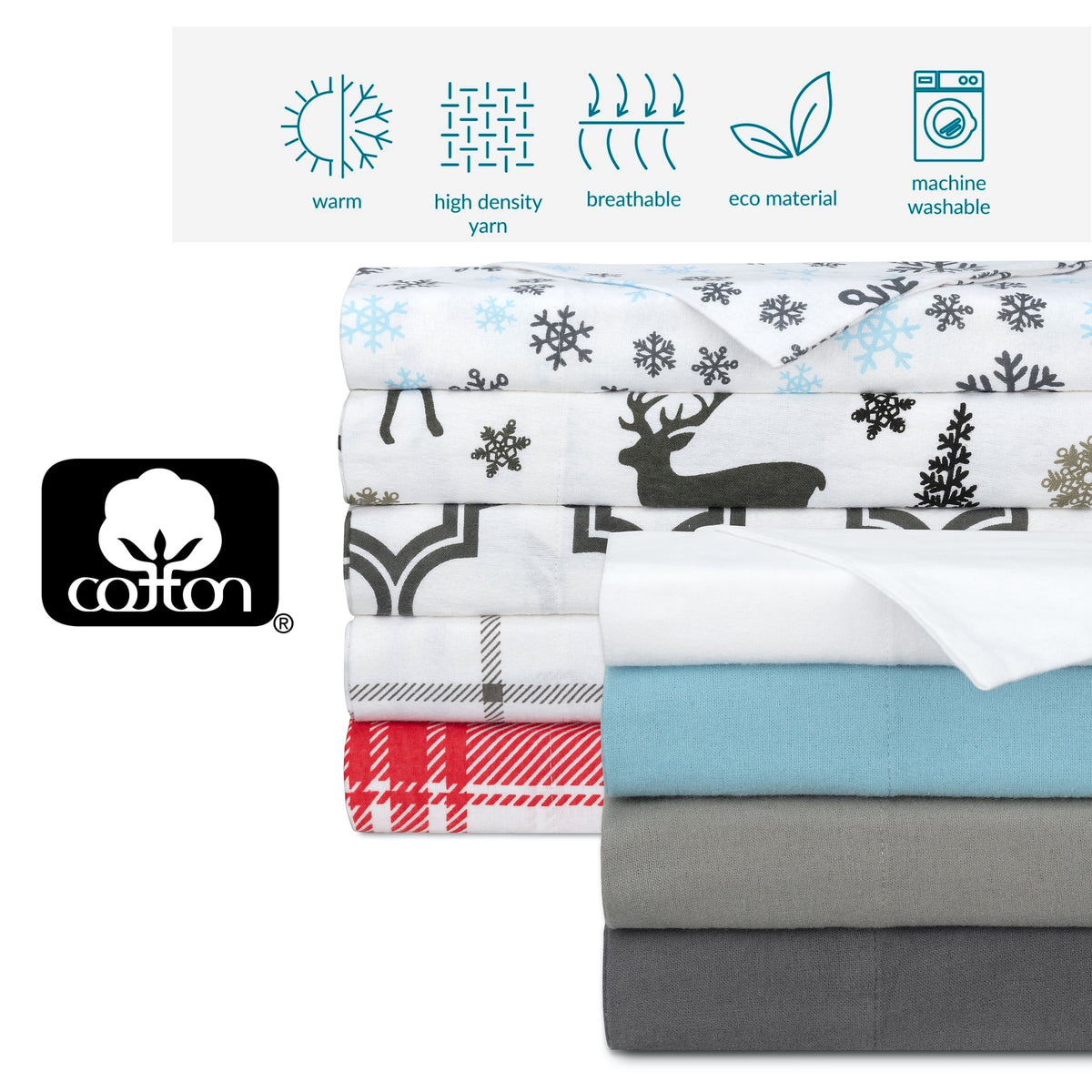 4 Piece 100% Cotton Flannel Queen Size White Bed Sheet Set H9745