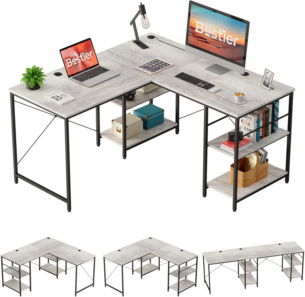 L Shaped Gaming Desk with Shelves 95.2 Inch Reversible Corner Computer Desk C276