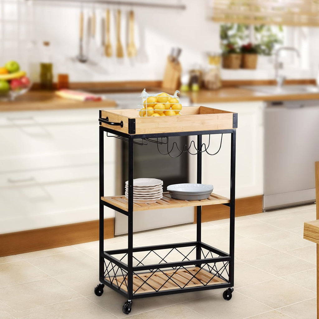 Bamboo Kitchen Cart with Mesh Shelves X581