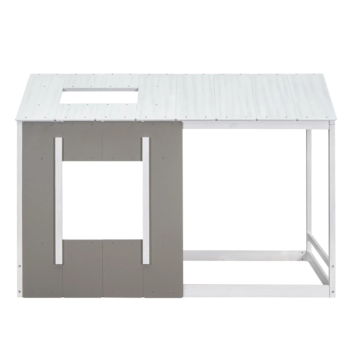 Wood Twin House Platform Bed with Roof and Window, Gray X235541