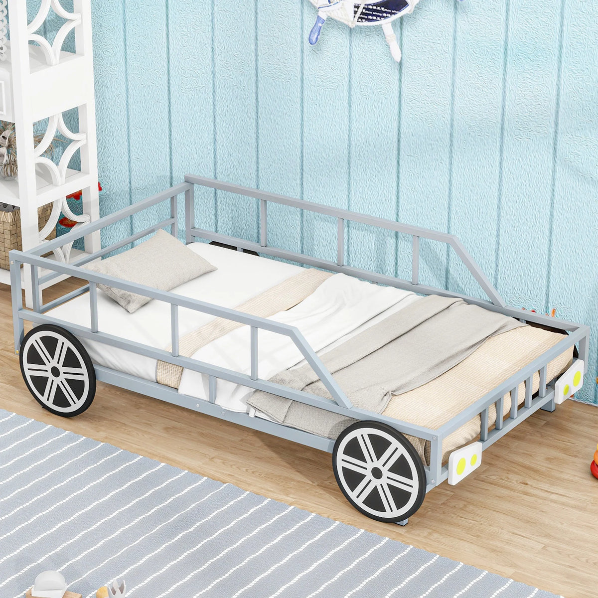 Metal Twin Size Car-Shaped Platform Bed with Tires G5334
