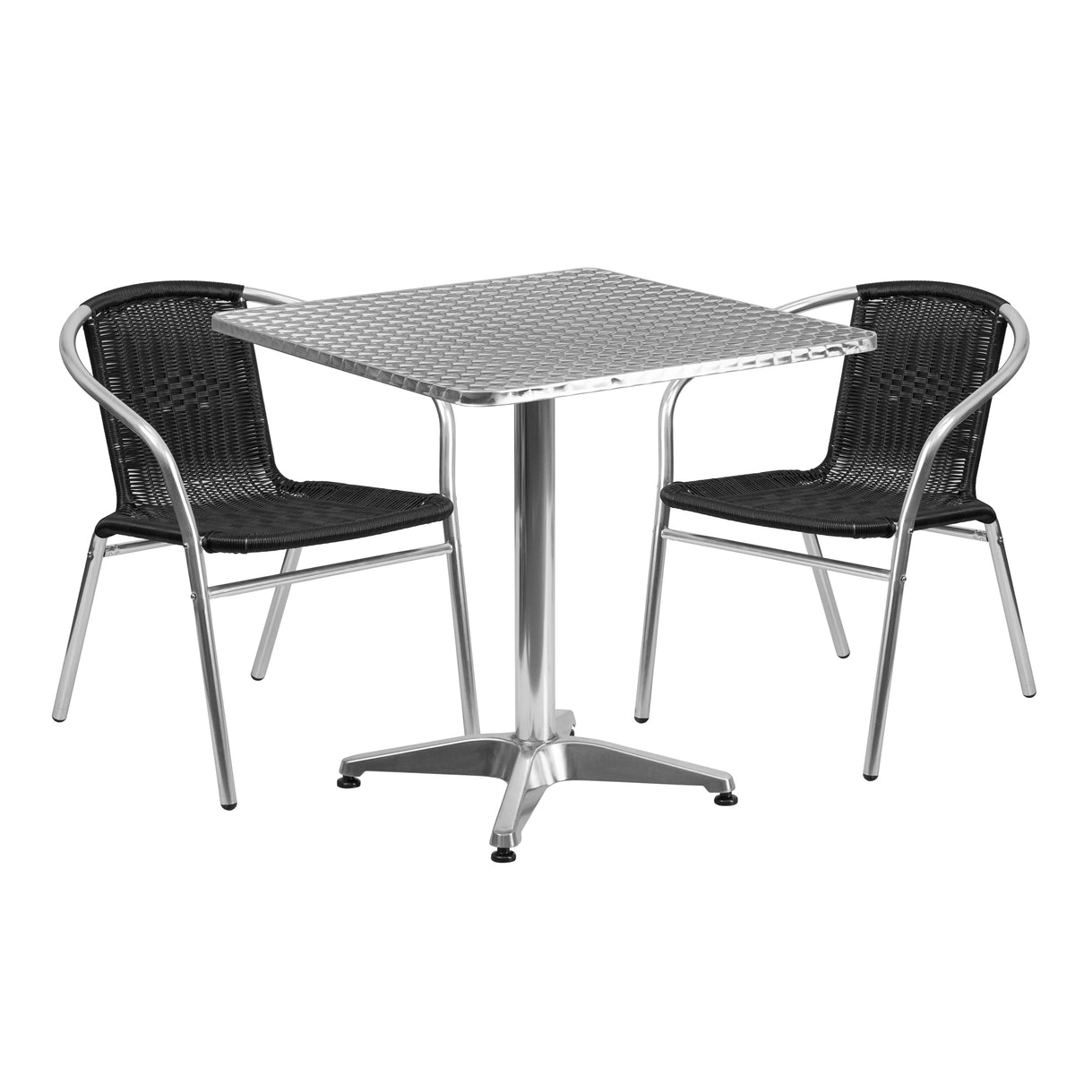 27.5'' Square Aluminum Table Set with 2 Black Rattan Chairs S10717