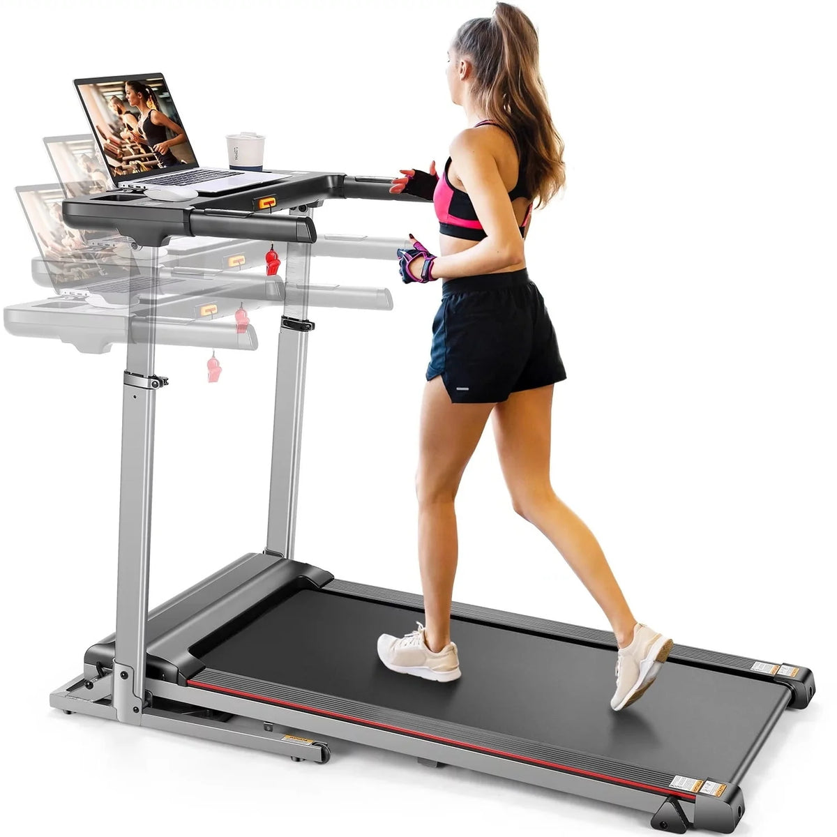 Incline Treadmill with Desk Workstation, 7.5MPH Portable Walking Pad, Black P541