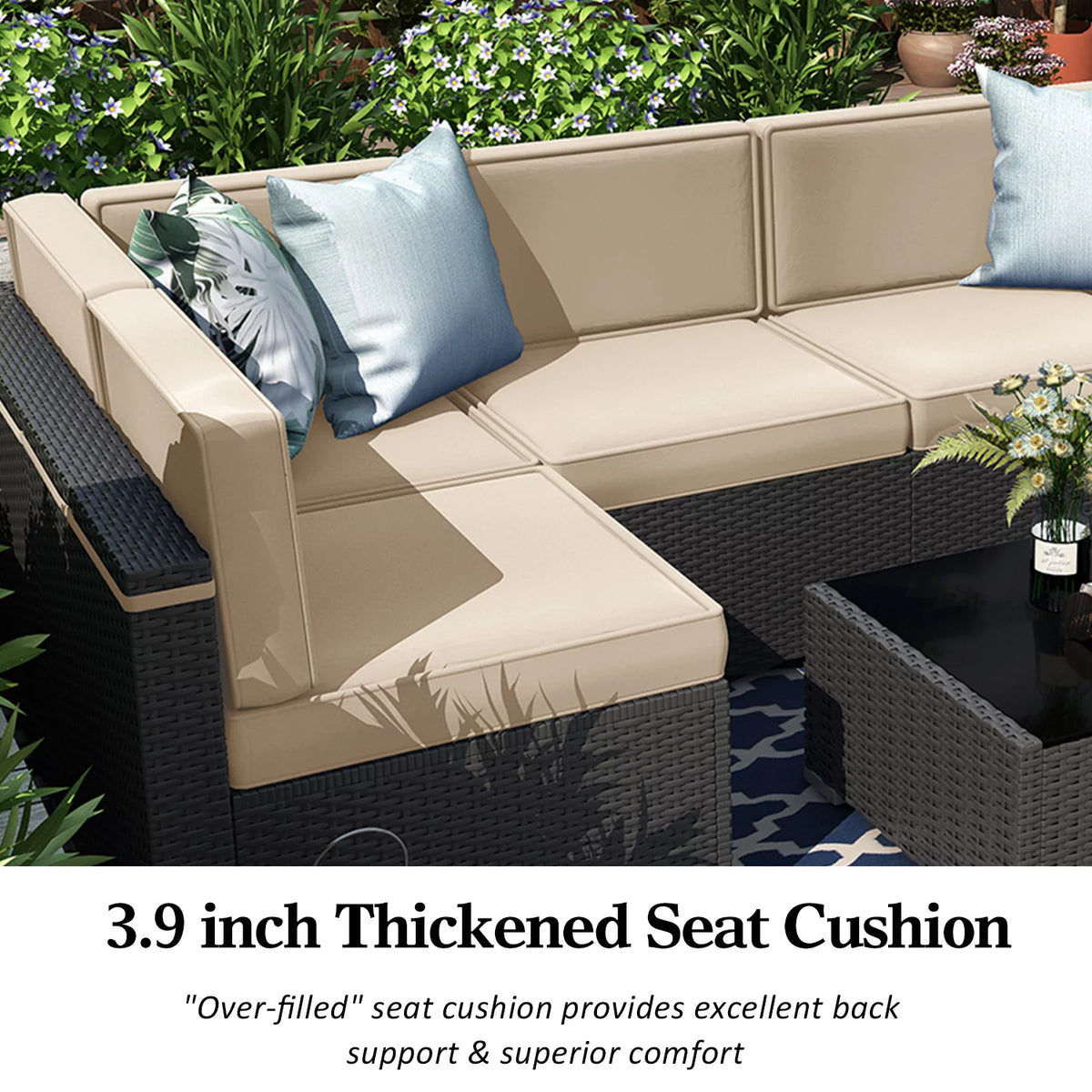 7 Piece Wicker Rattan Patio Furniture Set with Cushion and Glass Table O5350