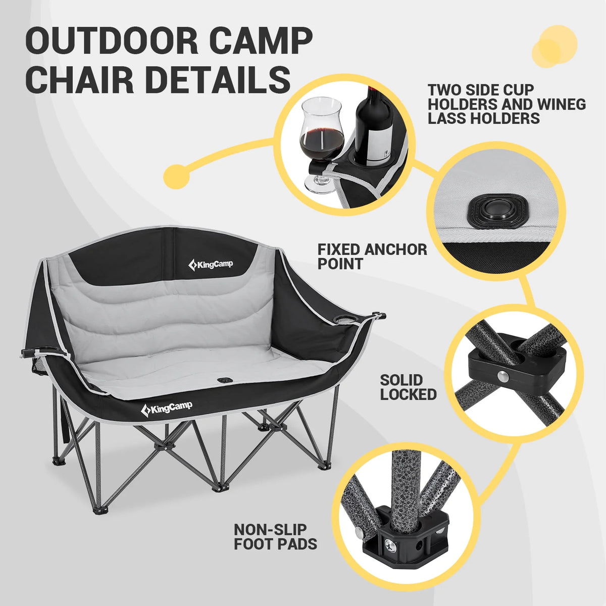 Kingcamp Loveseat Camping Chair for Adult Double Camping Chair Folding Chair for Two People Heavy Duty Support Up to 440 lbs（Black） O2502