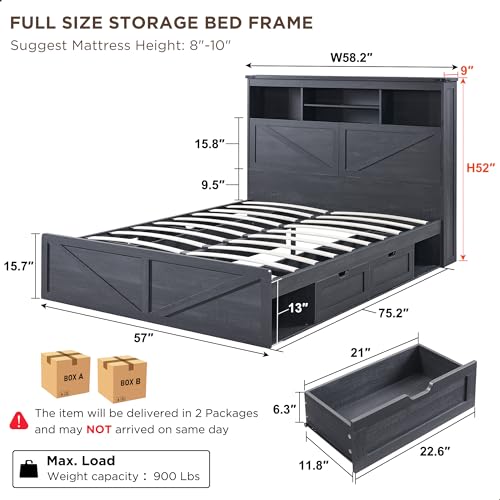 King Size Wood Bed Frame with Storage Headboard and 4 Drawers W657085
