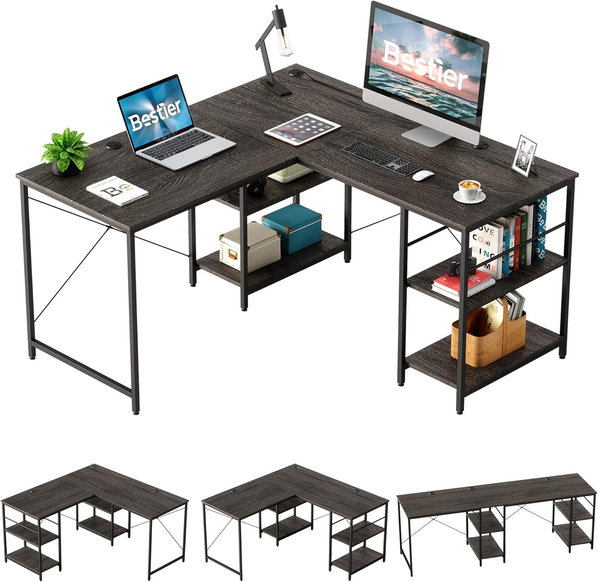L Shaped Gaming Desk with Shelves 95.2 Inch Reversible Corner Computer Desk C276