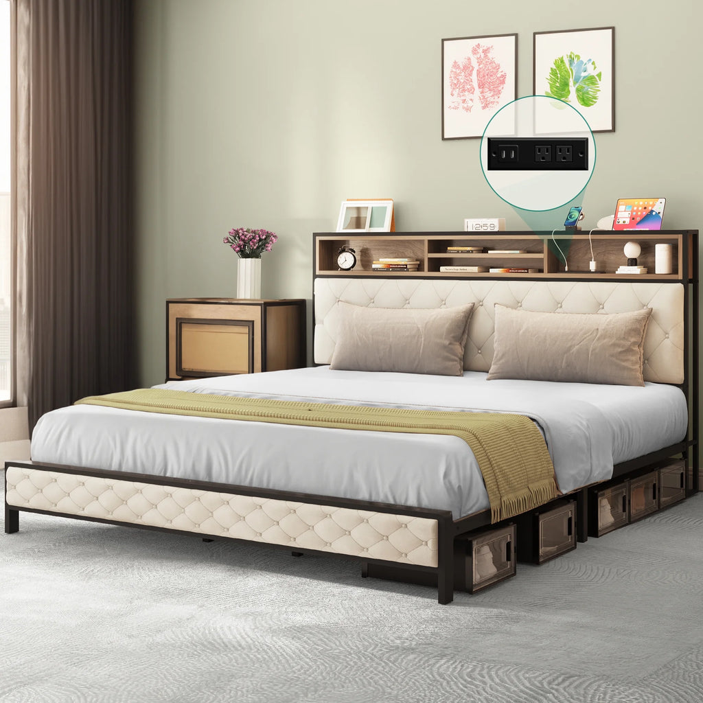 Queen Size Beige Metal Bed Frame with Storage Headboard X95839