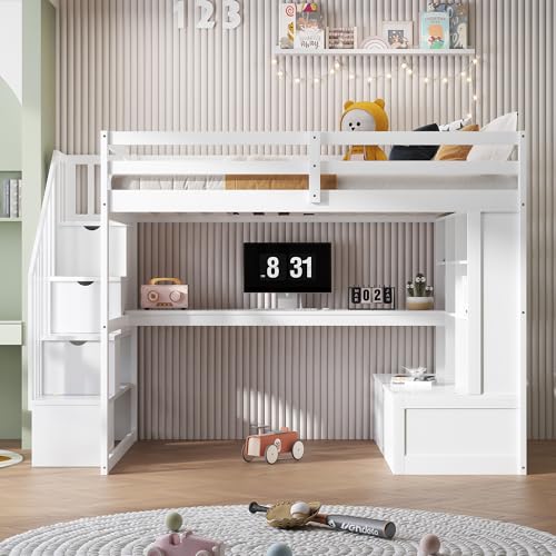White Full Size Loft Bed with L-Shaped Desk, Wardrobe and Storage Shelves R737547