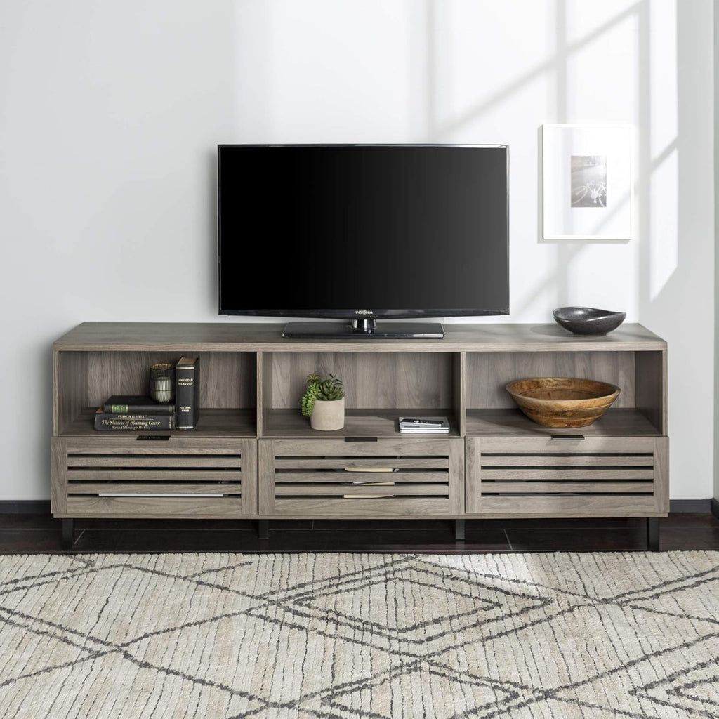 Modern Wood TV Stand with Slat Doors, 58 Inch, Dark Walnut P225807