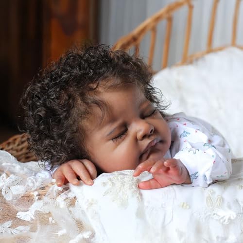Black 20-Inch Sleeping Newborn Baby Dolls with Weighted Cloth Body and Curly Hair G296