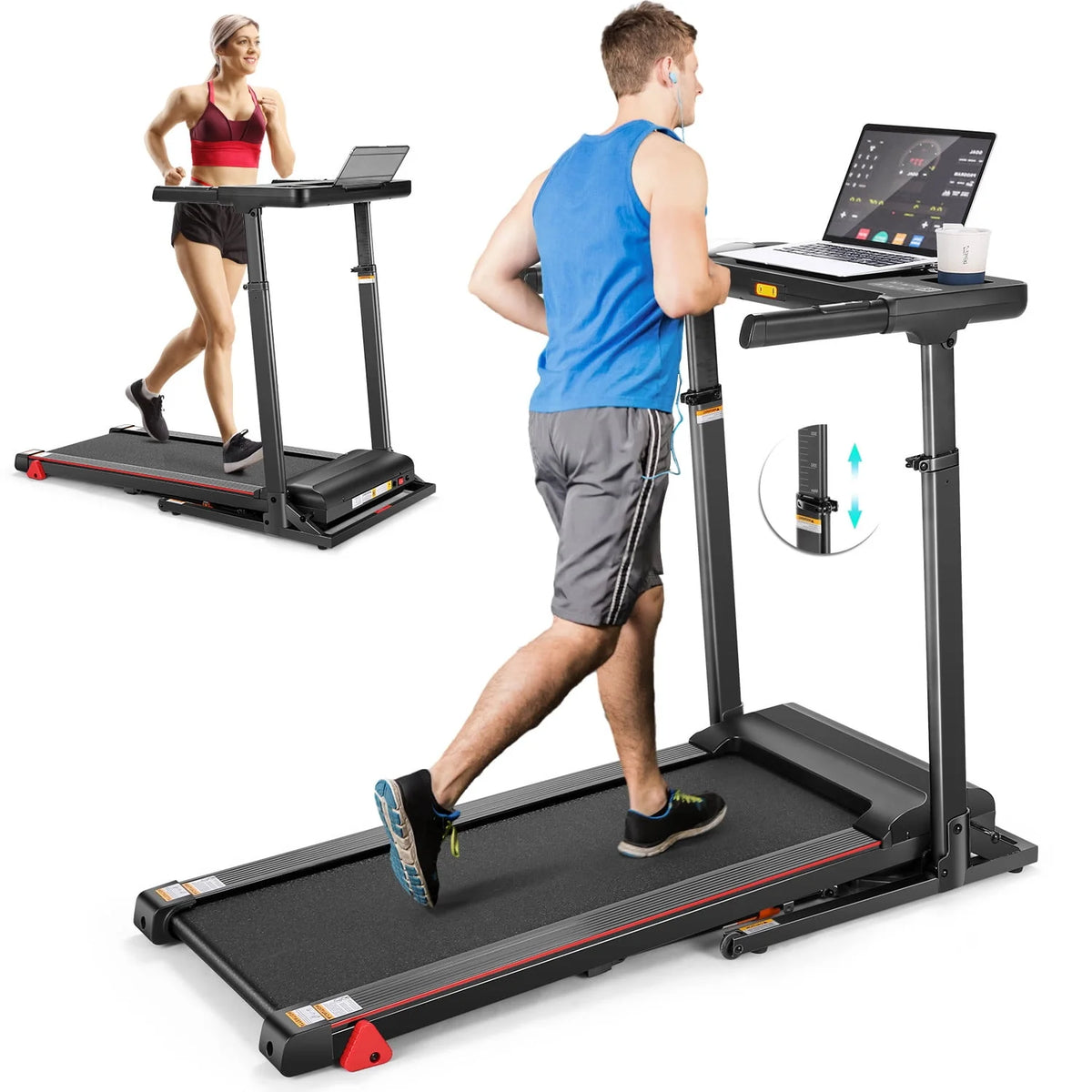 Incline Treadmill with Desk Workstation, 7.5MPH Portable Walking Pad, Black P541