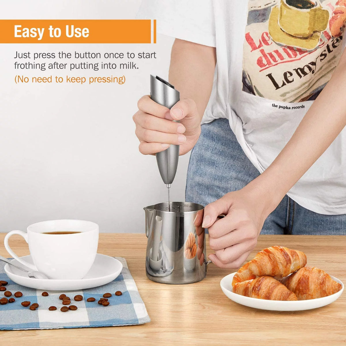 Handheld Battery Operated Milk Frother with Stainless Steel Whisk and Stand Y593225