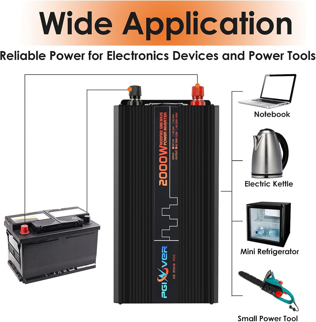 2000W Power Inverter DC 12V to AC 110V with Triple AC Outlets 1 USB Port L6462
