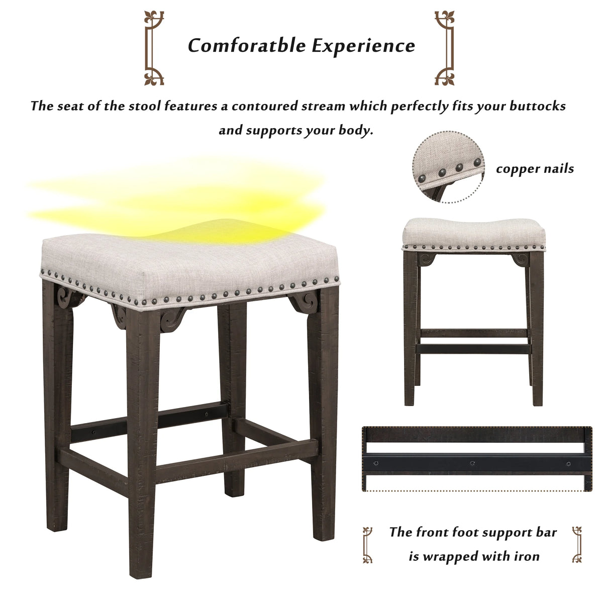 3-Piece Solid Wood Counter Height Dining Set with 2 Saddle Stools Q3491