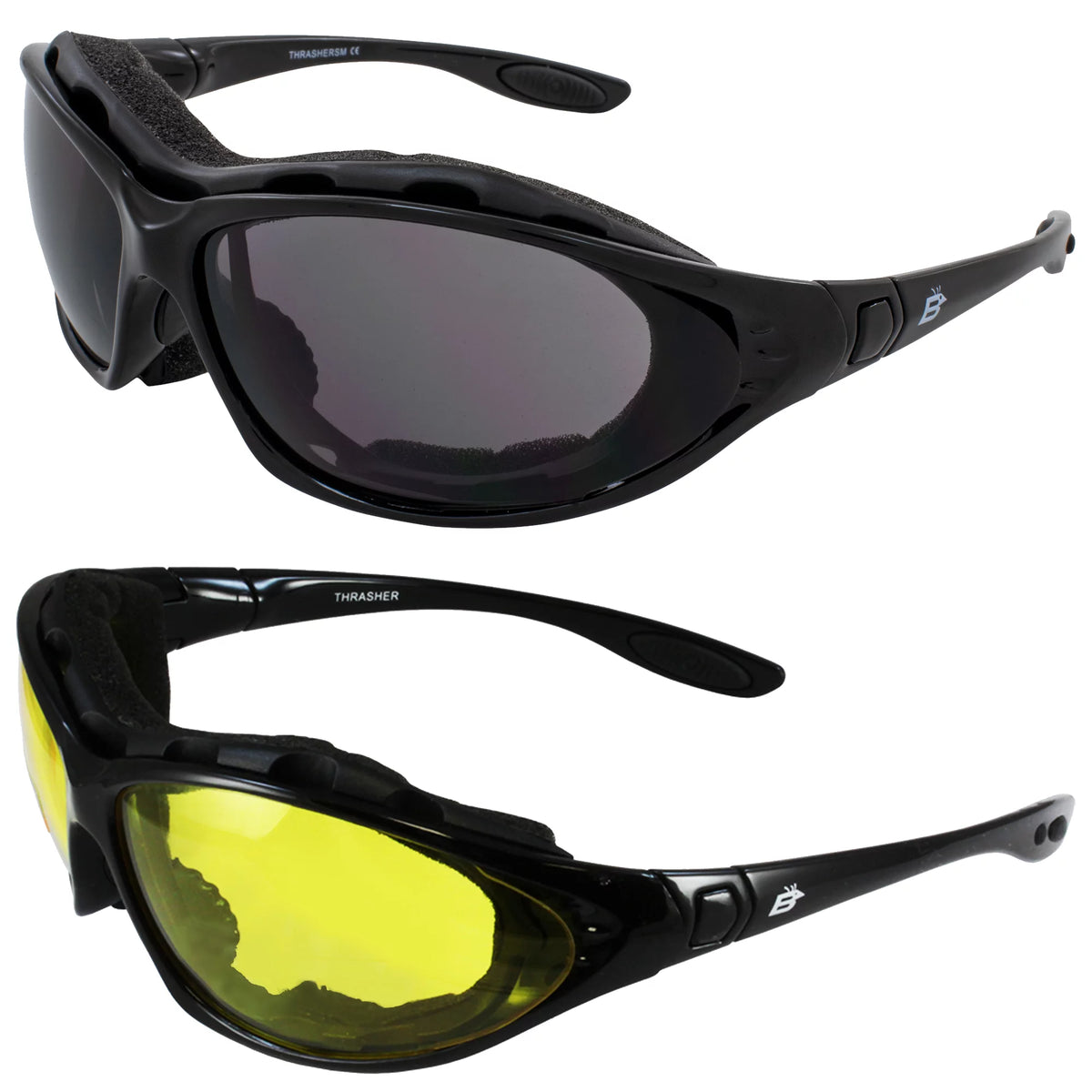 2 Pairs Padded Motorcycle Glasses Convertible to Goggles Shatterproof UV400 Black P4701