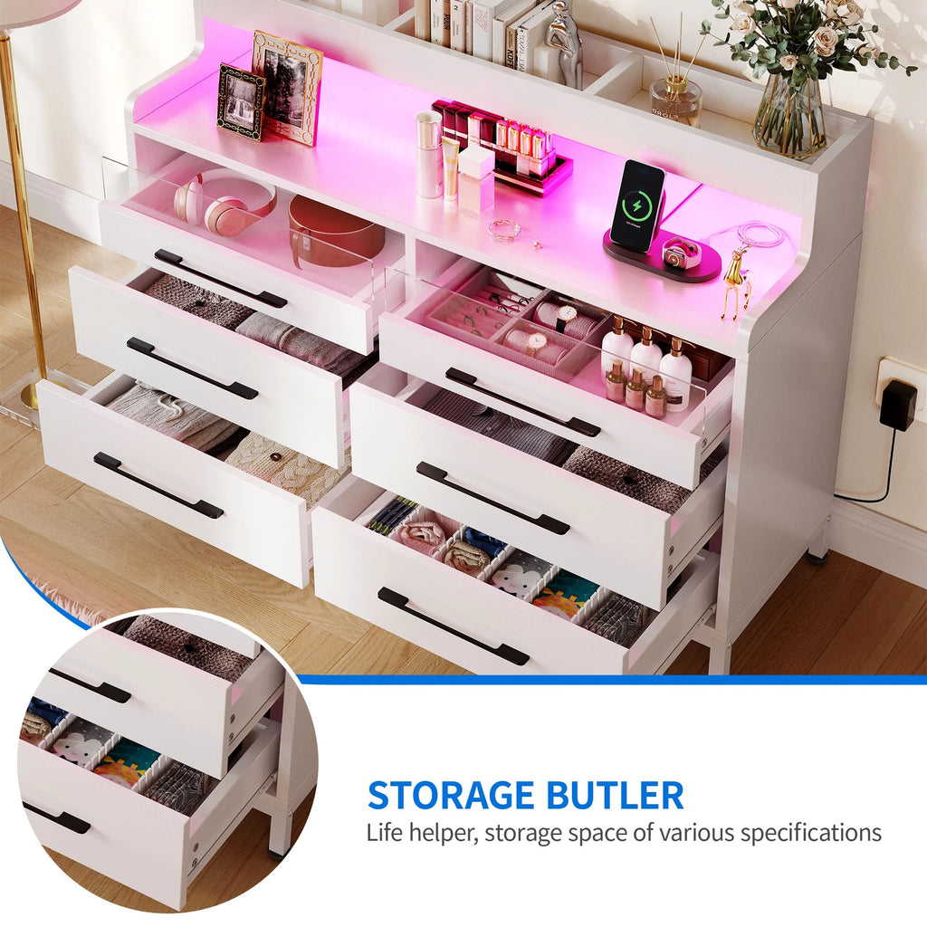 Black 6 Drawer Dresser with LED Light T577