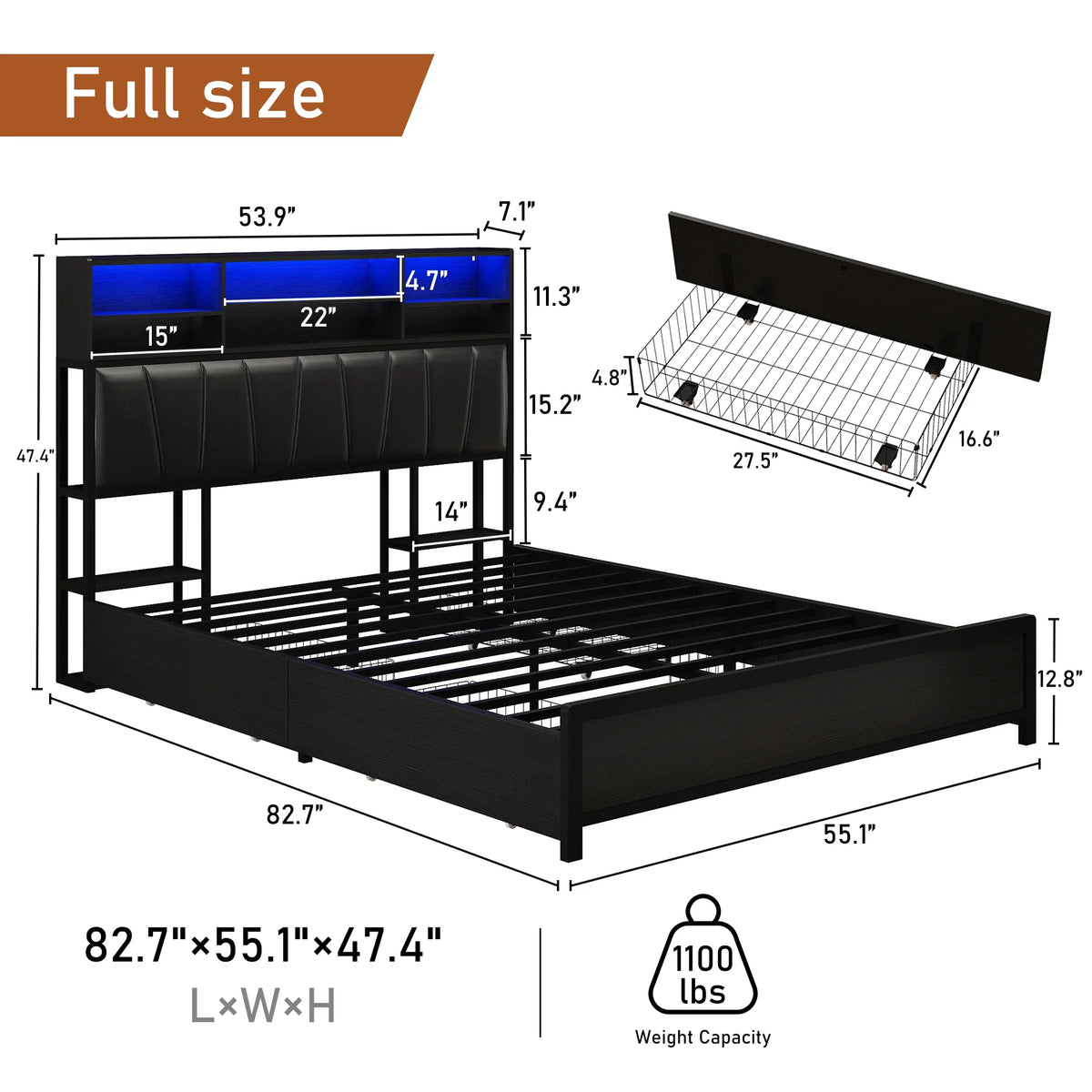 White Queen Size LED Platform Storage Bed Frame E953832