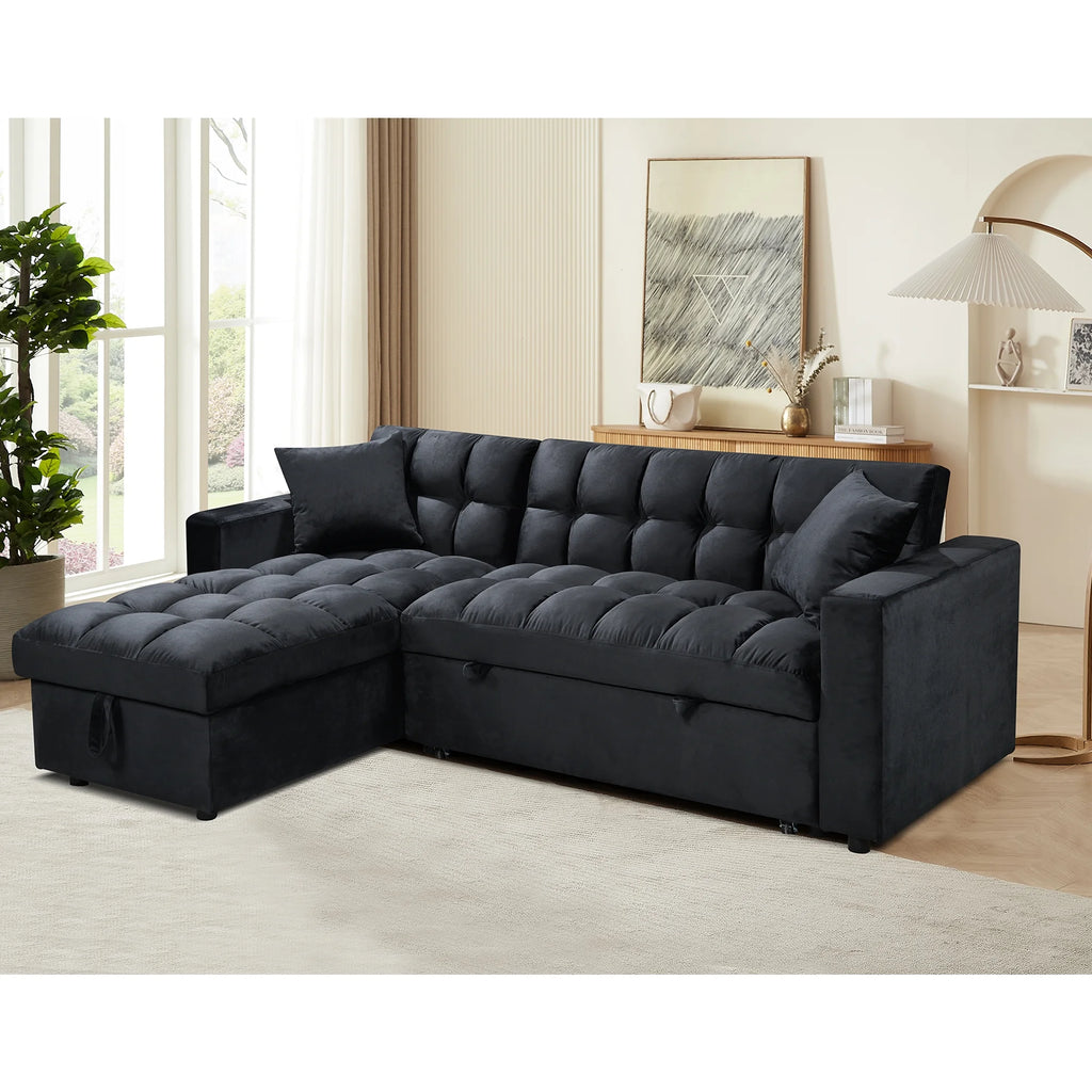 Velvet L Shaped Sleeper Sofa with Storage Chaise N420