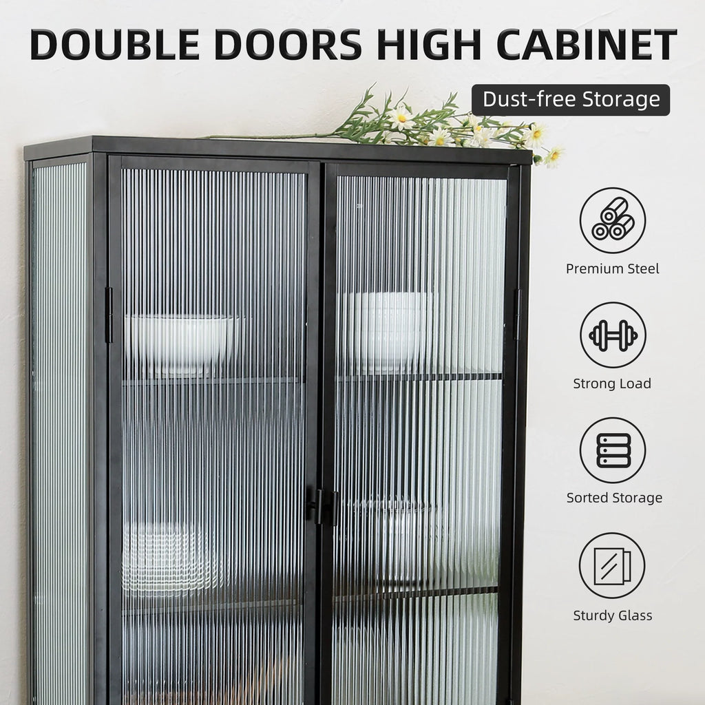 Black Fluted Glass High Cabinet with Dual Doors T23608
