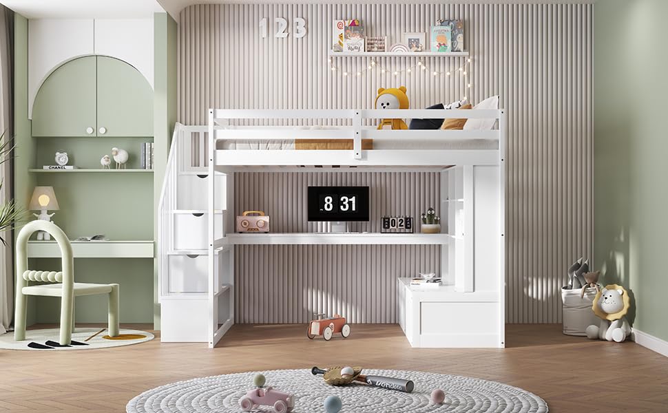 White Full Size Loft Bed with L-Shaped Desk, Wardrobe and Storage Shelves R737547