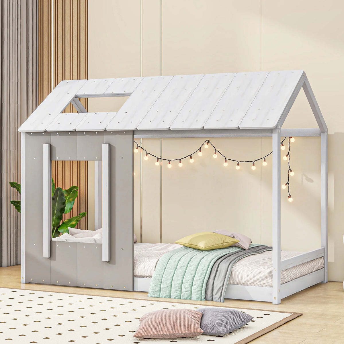 Wood Twin House Platform Bed with Roof and Window, Gray X235541