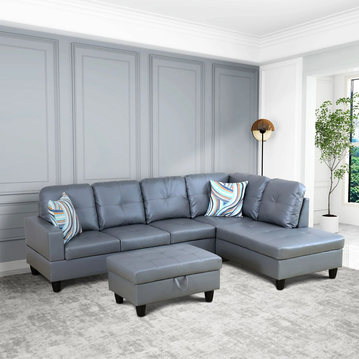L-Shaped 3-Piece Sectional Sofa Couch, Dark Grey S2716