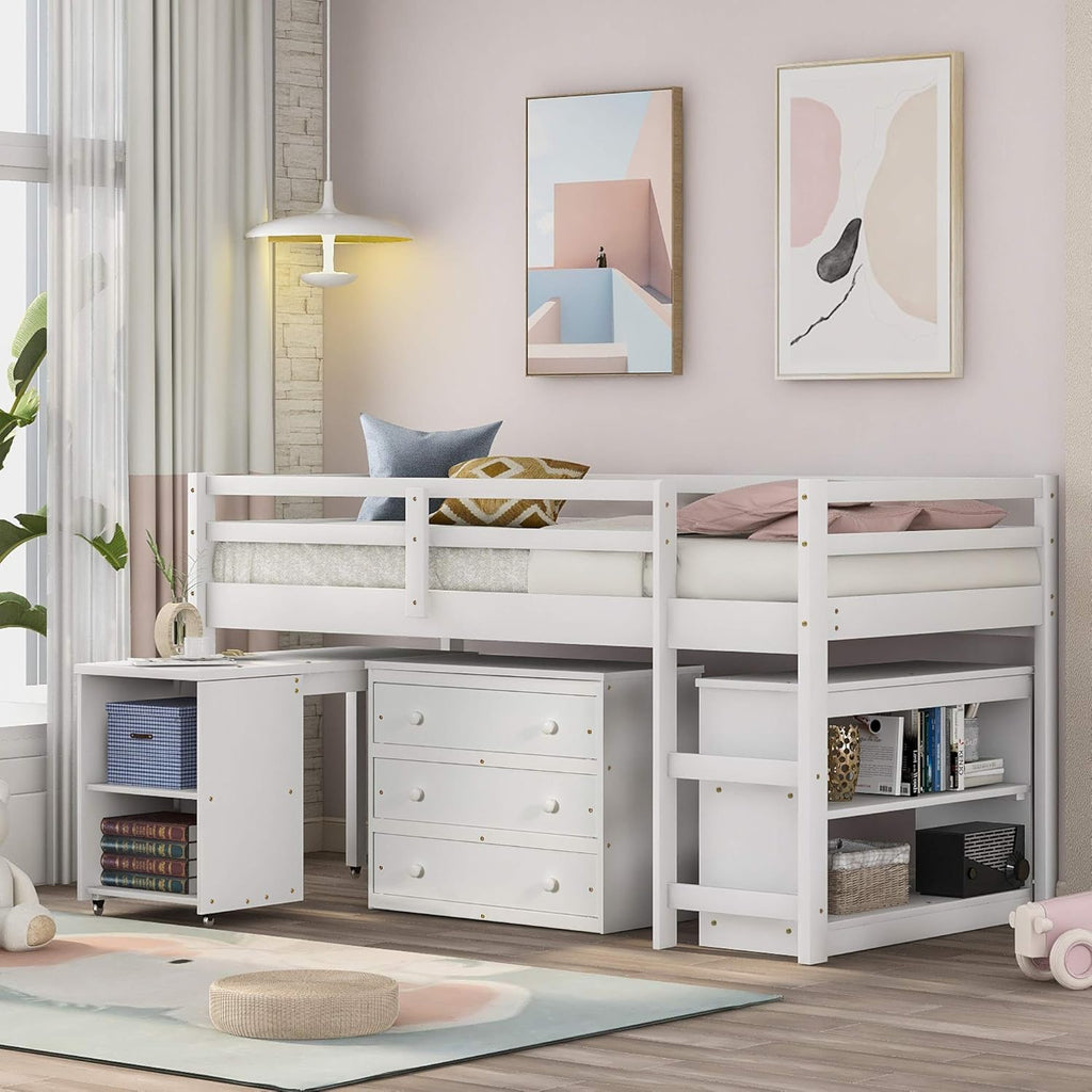 White Twin Loft Bed with Slide and Storage K6227